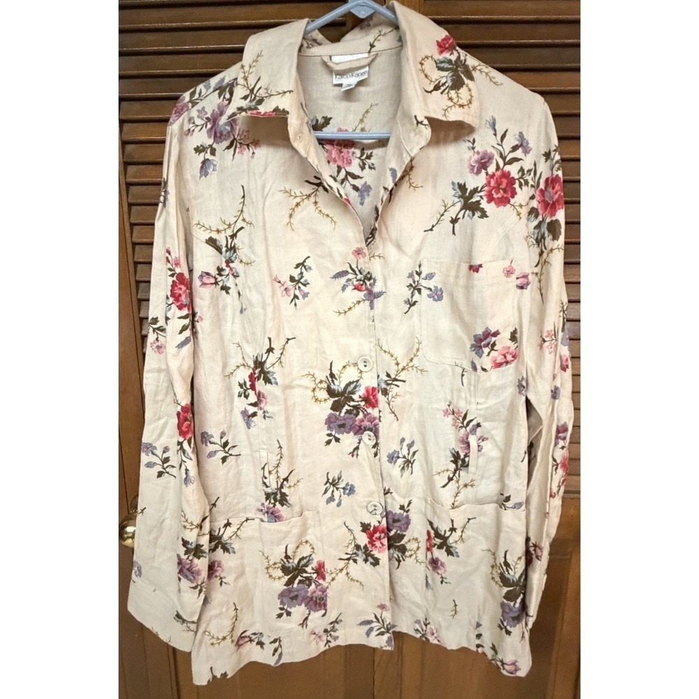 Karen Kane 100% Linen Floral Button Front Shirt Jacket Blouse Cottagecore XL